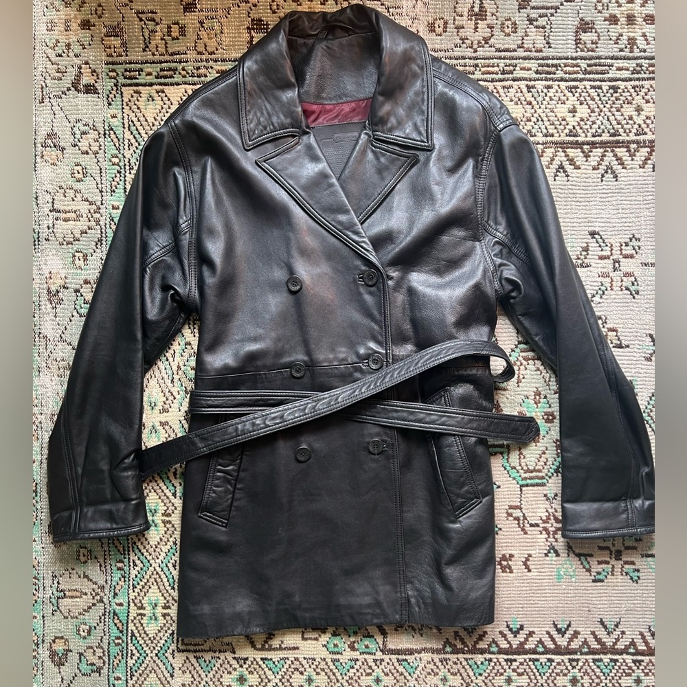 Vintage Coach Black Leather Trench Coat Jacket